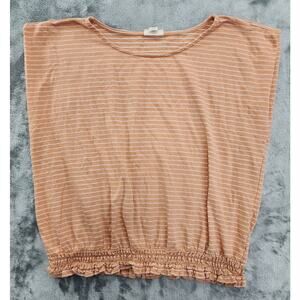 ANA Top Womens L Orange White Striped Scoop Neck Cap Sleeve Smocked Hem Stretch